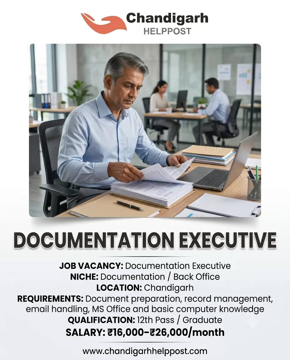 NEW JOB VACANCY: Required a documentation executive for a company in Chandigarh
Work Mode: Onsite
Ex