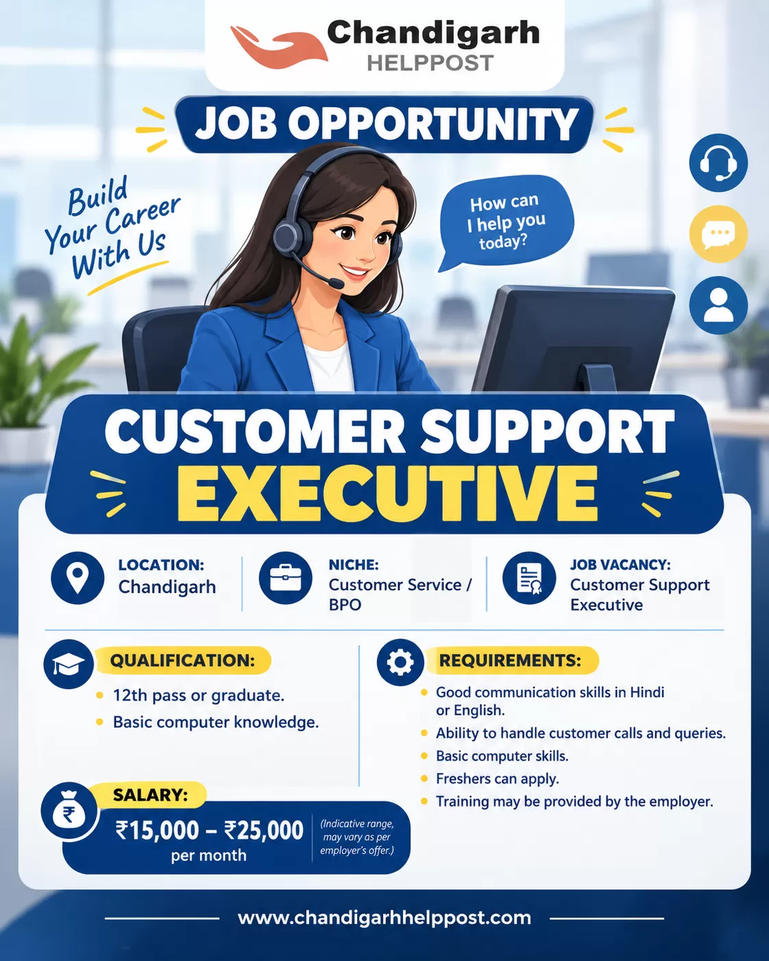 NEW JOB VACANCY: Required a customer support executive for a company in Chandigarh
Work Mode: Onsite